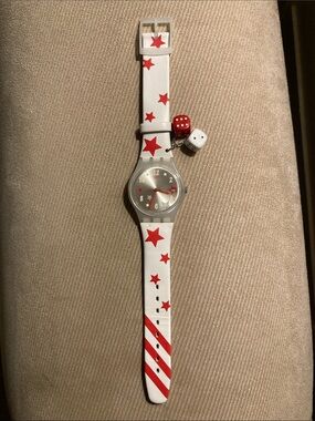 Swatch White and Red ‘Star Feelings’ Watch with Dice Charms (NWOT)